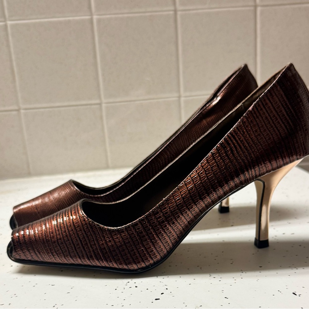 Metallic Bronze Textured Peep-Toe Heels for Women